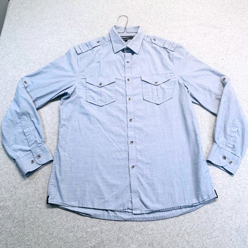 Kenneth Cole New York Mens Med Blue Button Front Shirt Military Utility Roll Tab